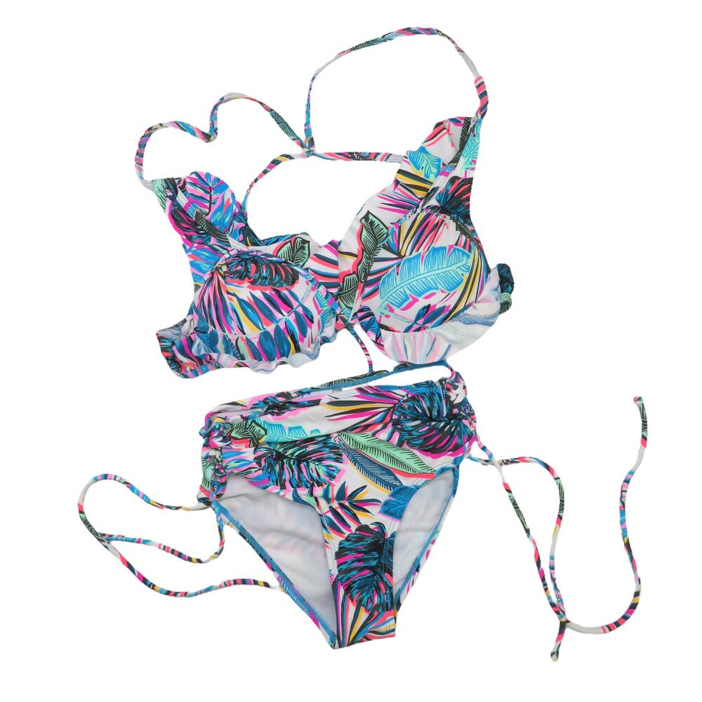 California Waves Neon Tropical Palm Leaf Coconut Girl Ruffel Bikini XS